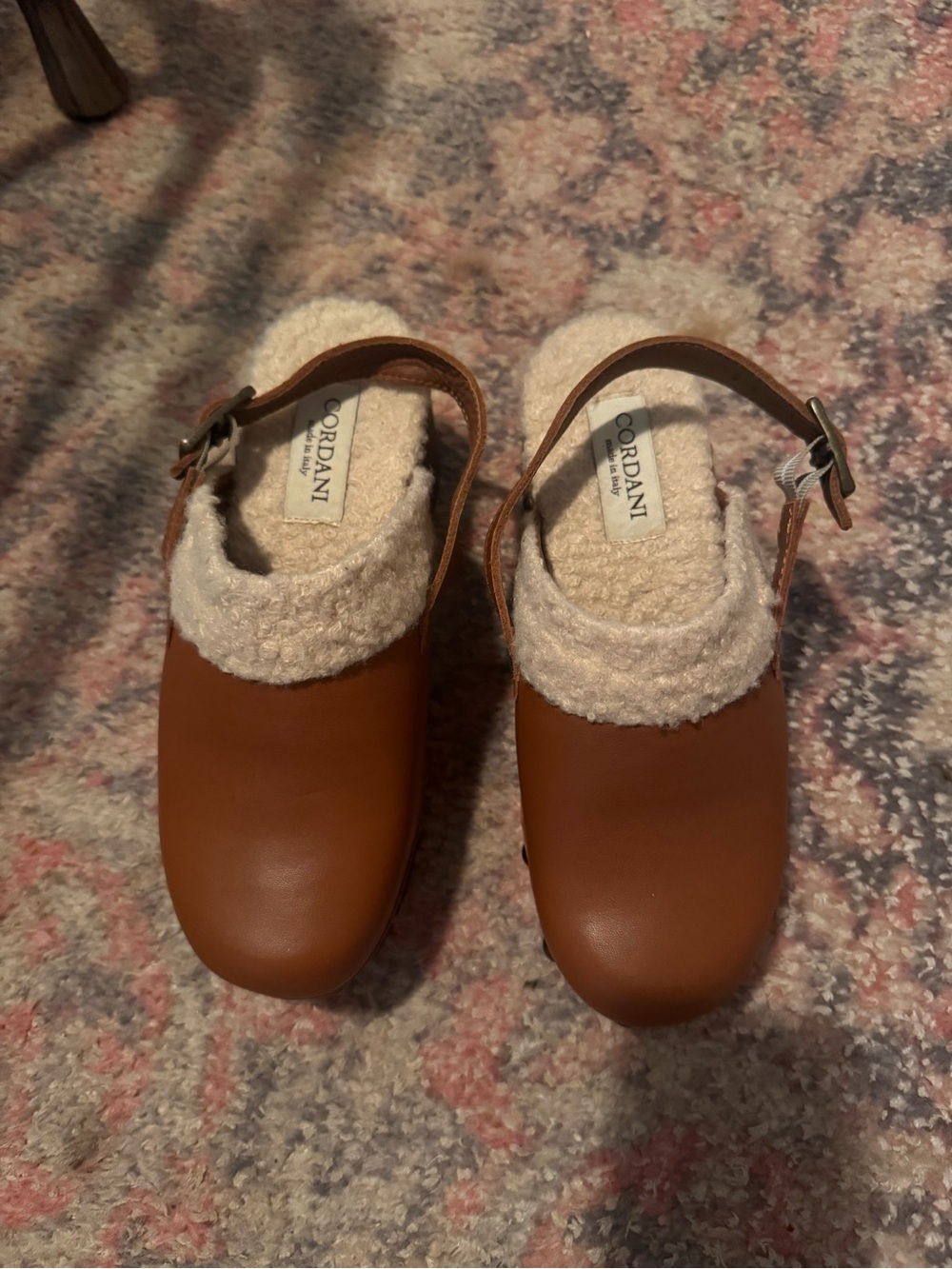 Cordani Brown Leather Slingback Clogs with Cream Sherpa Collar